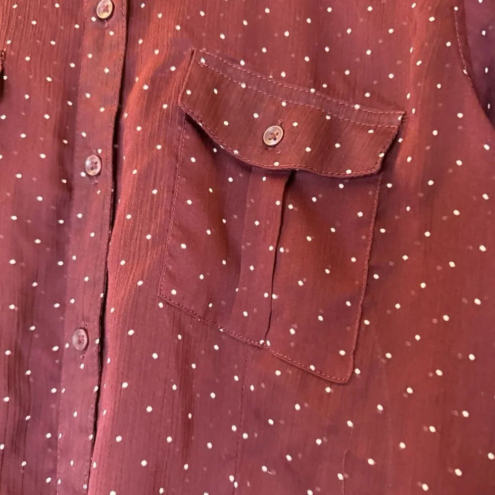 Eddie Bauer L Burgundy Long Sleeve Semi‎ Sheer Blouse Button Up Polka Dots - Picture 7 of 16